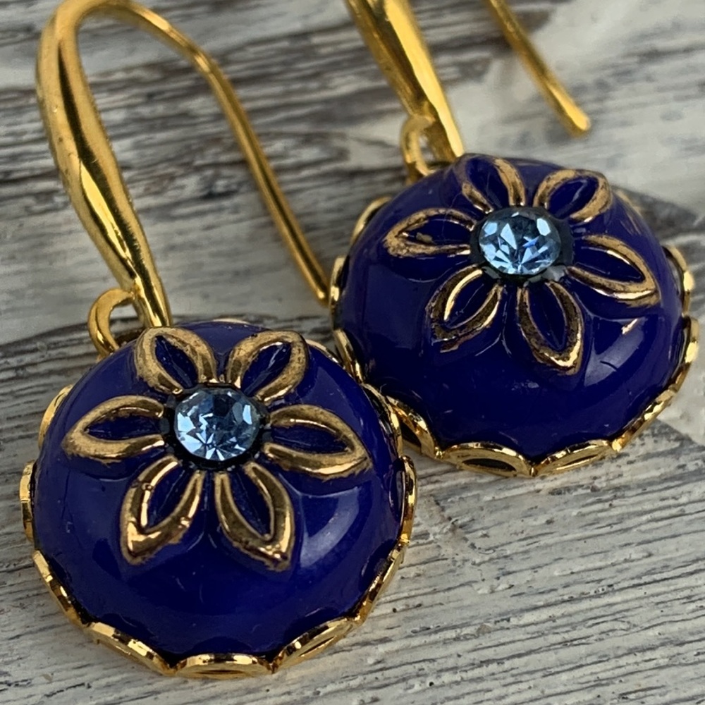 Vintage Blue Rhinestone Flower Floral Glass Cabochon Gold Dangle Drop Earrings